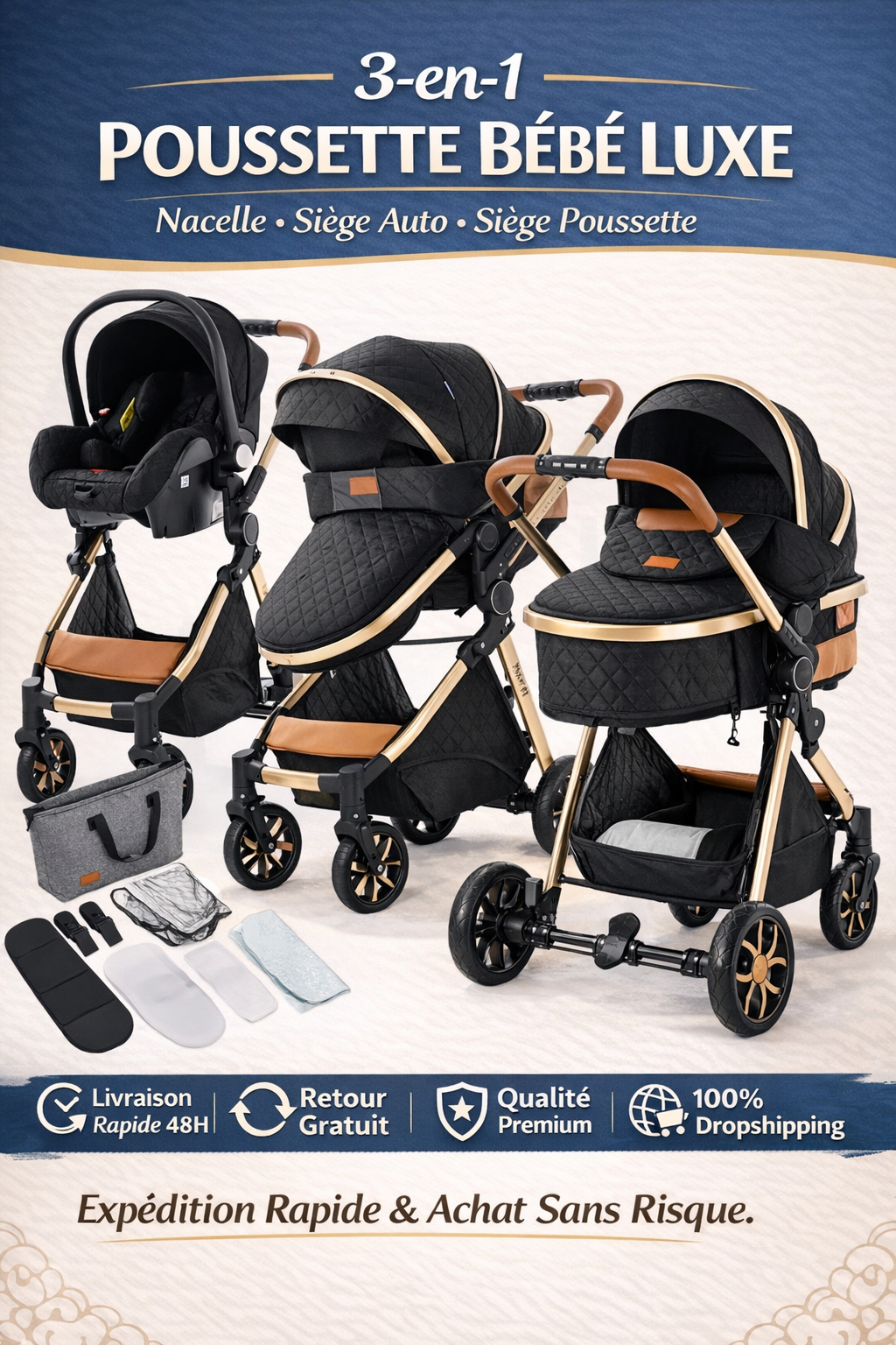 Poussette Bébé 3-en-1 Système de Voyage