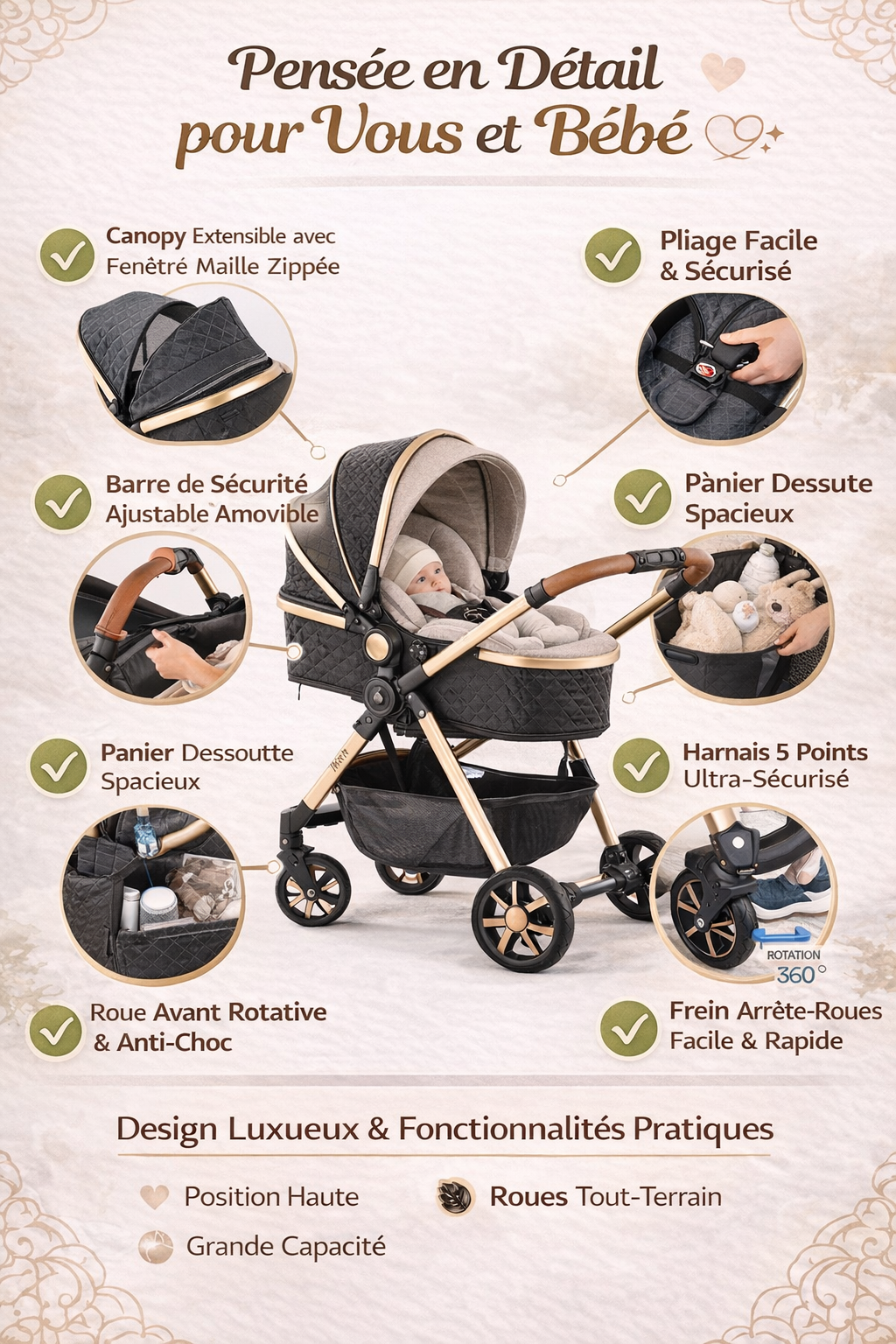 Poussette Bébé 3-en-1 Système de Voyage